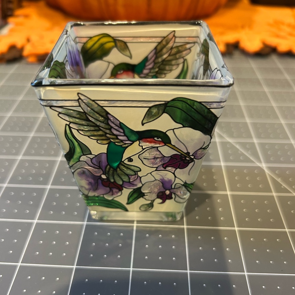 Hand Painted Hummingbird Glass Votive Candle Holder